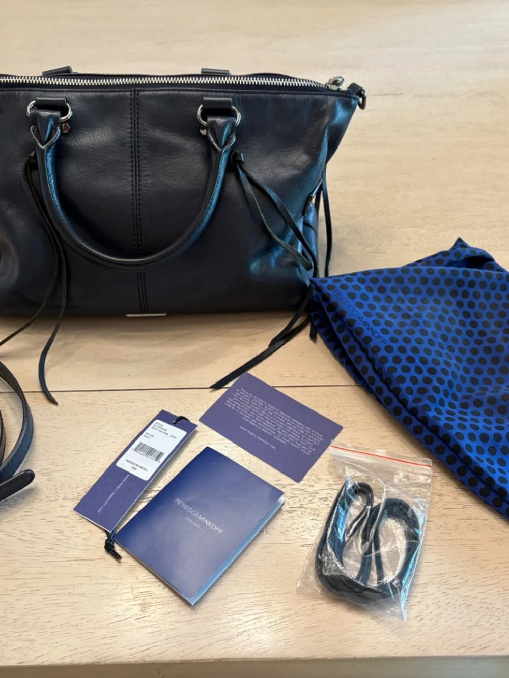 Rebecca Minkoff Moto Satchel Tote Navy Pebbled Leather w/ Strap, Dust Bag